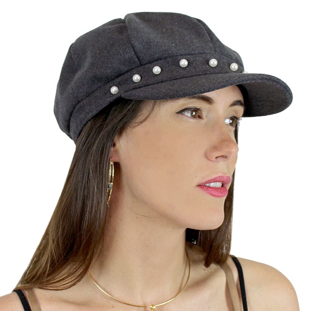 Baker Boy Newsboy Cap Hat with Faux Pearl Beads for Women Dark Grey NEW